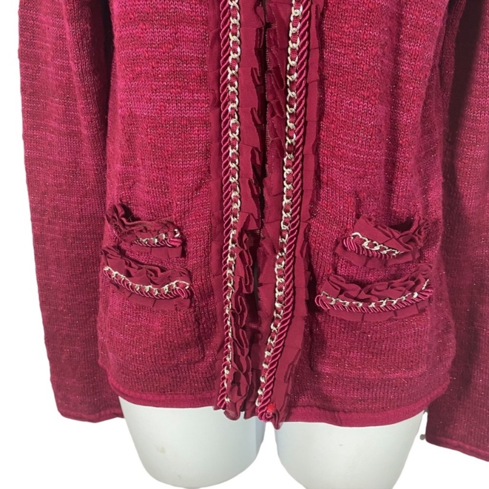 White House Black Market Cardigan Sweater Ruffle Chain Trim Hook And Eye Closure - Picture 2 of 8